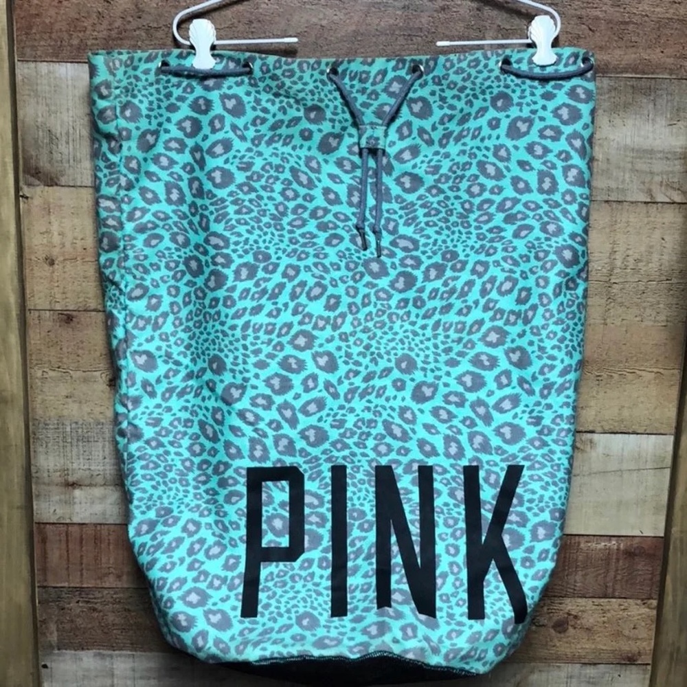 VERY RARE Victoria's Secret PINK Seafoam Dorm Green Leopard Print Laundry Bag
